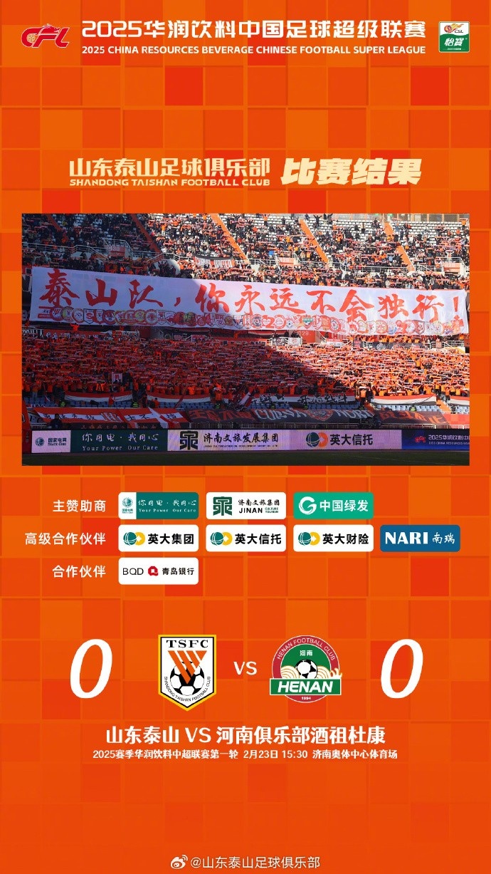  中超首戰(zhàn)，泰山隊(duì)雖未取勝，但全隊(duì)展現(xiàn)出了頑強(qiáng)的拼搏精神