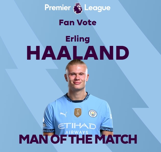  打進致勝球！英超官方：哈蘭德當(dāng)選曼城1-0熱刺全場最佳球員