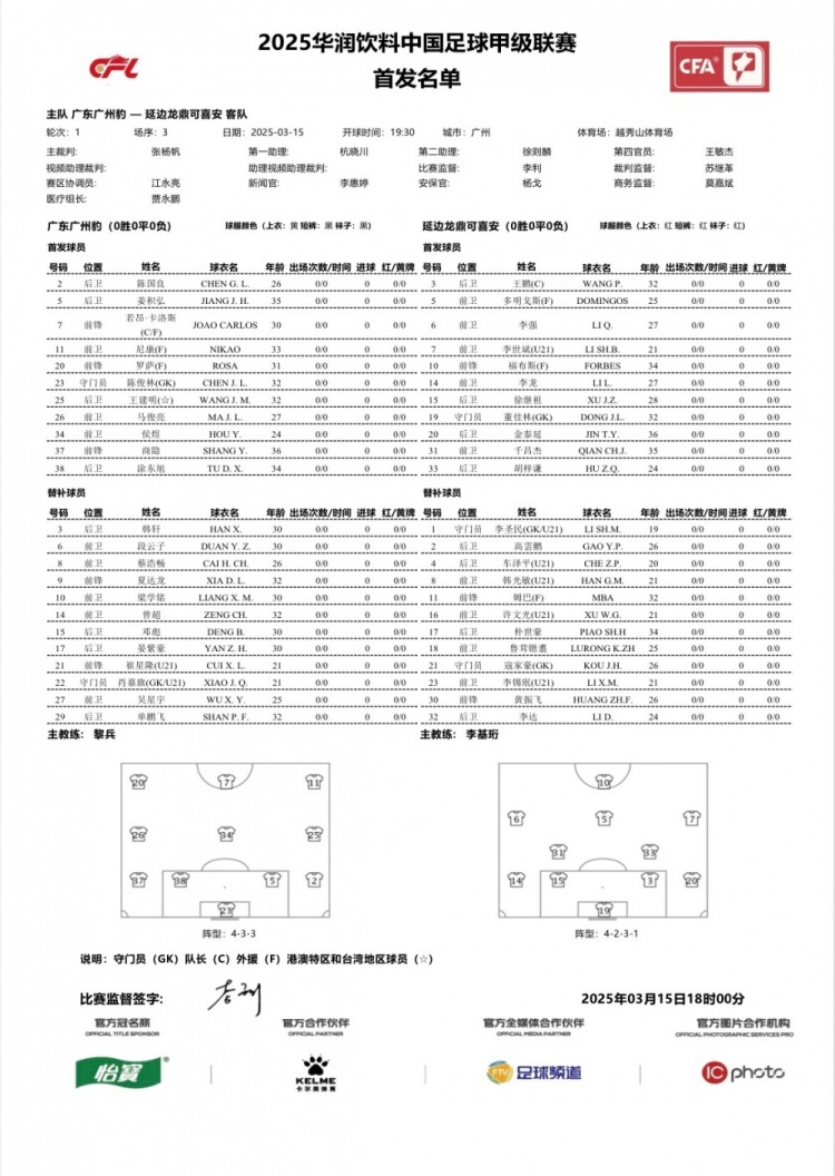  廣州豹vs延邊龍鼎首發(fā)：卡洛斯、羅薩、尼康三外援領(lǐng)銜廣州豹