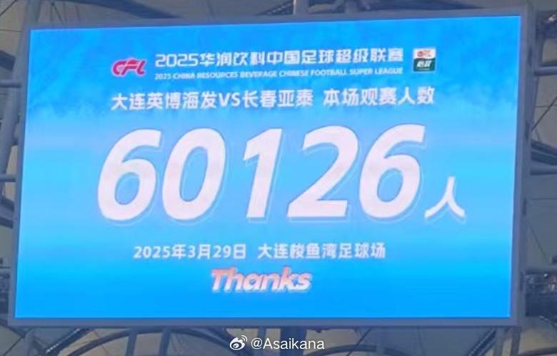  大連英博和長春亞泰吸引60126名觀眾現(xiàn)場觀戰(zhàn)，中超歷史排名第二